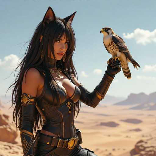 A stunning digital painting of a beautiful woman with long, flowing black hair and cat ears, dressed in a dark leather outfit adorned with golden accents. She is holding a majestic falcon on her gloved hand, looking confidently at the viewer with a subtle smile. The background is a warm, desert landscape under a clear sky with soft clouds. The overall style is detailed and realistic, emphasizing the woman's poise and the falcon's grace.