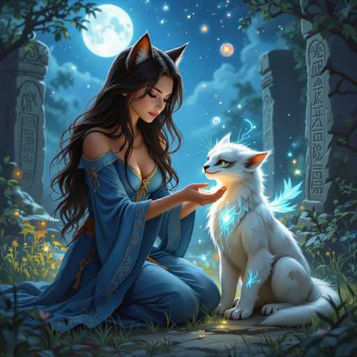 A beautiful, long-haired woman with dark skin and long black hair adorned with cat ears is kneeling on a lush, magical garden at night. She's wearing a flowing blue robe with golden detailing and is gently petting a small, white cat-like creature with glowing blue markings. The scene is bathed in the soft glow of a full moon and scattered stars, with ancient stone pillars and glowing plants surrounding them. The overall atmosphere is serene and mystical, hinting at a magical or fantastical setting.