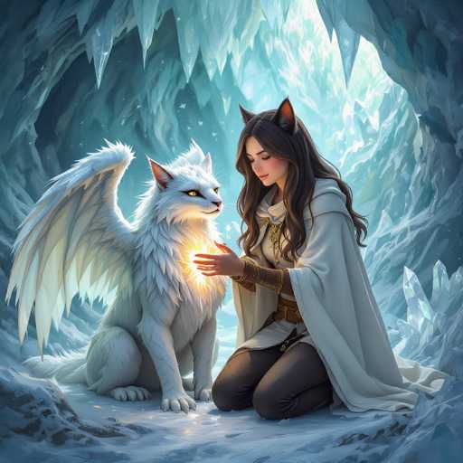 A digital painting in a fantasy style depicts a young woman with long, flowing dark hair and pointed ears kneeling on a bed of snow in an ice cave. She is wearing a long, light-colored cloak with gold detailing and dark pants. Her hands are gently touching the chest of a white, fluffy creature with large, feathered wings and glowing blue eyes. The creature appears to be a mythical beast, possibly a snow-like wolf or feline hybrid. 

The cave is filled with sparkling ice formations of various shapes and sizes, creating a magical and serene atmosphere. The woman's expression is one of gentle connection with the creature, suggesting a bond between them. Soft light emanates from within the ice cave, illuminating the scene with a cool, ethereal glow. The overall color palette is dominated by cool blues and whites, contrasted by the warm gold accents on the woman's clothing. The style is detailed and painterly, with a focus on creating a sense of wonder and fantasy.