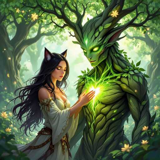 A digital painting in a fantasy style depicts a beautiful woman with long, flowing black hair and pointed cat ears gently touching the glowing heart of a large, humanoid tree-like creature. The woman is wearing a flowing white and gold dress with intricate leaf-like details, while the tree creature's body is covered in vibrant green bark and adorned with glowing green veins. The background is a lush, sun-dappled forest with tall trees and delicate flowers, creating a magical and serene atmosphere. The overall color palette is soft and ethereal, with a focus on greens, golds, and warm light. The scene suggests a moment of connection and harmony between the human and nature.