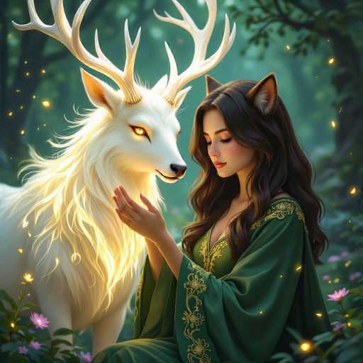 A beautiful, serene digital painting of a woman with long, flowing brown hair and cat ears gently touching the soft, glowing white fur of a majestic deer with large, golden antlers. The scene is set in a magical forest bathed in soft, ethereal light, with glowing particles floating in the air and vibrant purple flowers scattered on the ground. The woman is wearing a flowing green robe with intricate gold detailing, and her eyes are closed as she gazes at the deer. The overall mood is one of peace, harmony, and enchantment.