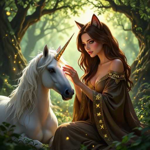 A beautiful, ethereal scene unfolds in a sun-dappled forest. A woman with long, flowing brown hair and delicate fox ears sits gracefully on the ground, gently stroking the soft, white coat of a majestic unicorn. The unicorn's horn is spiraled and golden, emitting a soft glow that illuminates the surrounding forest floor. The woman's eyes are closed in a serene expression, her fingers tenderly caressing the unicorn's muzzle. 

The scene is bathed in a warm, golden light filtering through the lush green foliage of ancient trees. Sparkling particles of magic dance in the air, adding to the mystical atmosphere. The woman is wearing a flowing brown gown adorned with golden patterns and intricate details, while the unicorn's coat shimmers with a pearlescent sheen. The overall impression is one of peace, harmony, and enchantment, capturing a moment of deep connection between the woman and the magical creature.