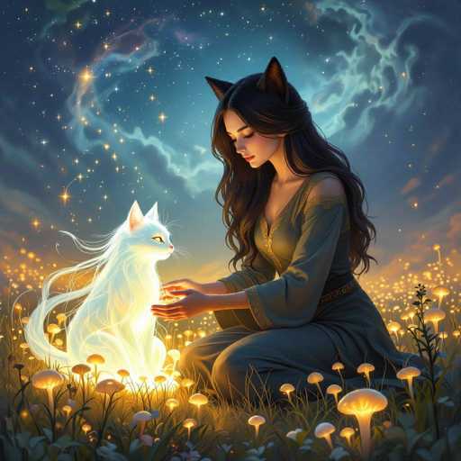 A beautiful digital painting of a woman and a glowing white cat sitting in a field of luminous mushrooms under a starry night sky. The woman has long, flowing dark hair and wears a long, olive-green dress with golden accents. She is kneeling, gently holding the glowing cat's paws with both hands, looking down at the cat with a serene expression. The cat is also glowing, its fur emitting a soft, ethereal light. The field of mushrooms is filled with golden light, and the background features a dark, starry sky with swirling clouds. The overall mood is peaceful and magical.