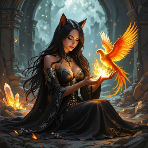 A beautiful, long-haired woman with black hair and cat ears is seated in a mystical, ancient setting. She's wearing a flowing black gown adorned with intricate golden details and is holding a fiery, orange bird in her outstretched hands. The bird's wings are spread, and golden sparks emanate from its body. She has a serene expression, looking down at the bird with a gentle smile. The background is filled with glowing crystals and ancient ruins, bathed in a soft, ethereal light. The overall style is fantasy-inspired, with a focus on magical realism and a sense of wonder.