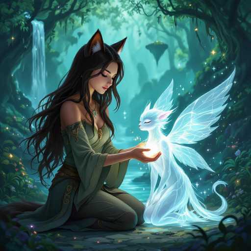 A beautiful digital painting of a woman with long, flowing black hair and cat ears kneeling in a mystical forest. She is wearing an olive-green dress with gold accents and holding a glowing, translucent white creature with large, delicate wings in her hands. The creature appears to be emitting a soft, ethereal light. The background features a lush forest with glowing plants, a cascading waterfall, and dappled sunlight filtering through the trees. The overall atmosphere is serene, magical, and peaceful.