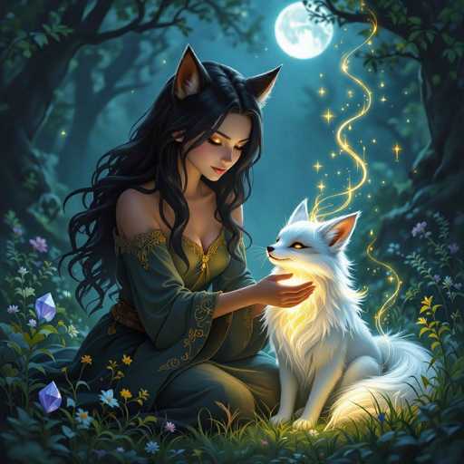 A beautiful digital painting of a woman with long, flowing black hair and fox ears sitting in a lush forest clearing. She is wearing an elegant green dress with golden accents and gently cradling a white fox with glowing eyes. The scene is bathed in soft, ethereal light emanating from the full moon above and sparkling golden trails of magic swirling around the fox. The background is a deep, enchanting forest with glowing blue crystals scattered among the flowers. The overall mood is serene and magical, highlighting a tender connection between the woman and her mystical companion.