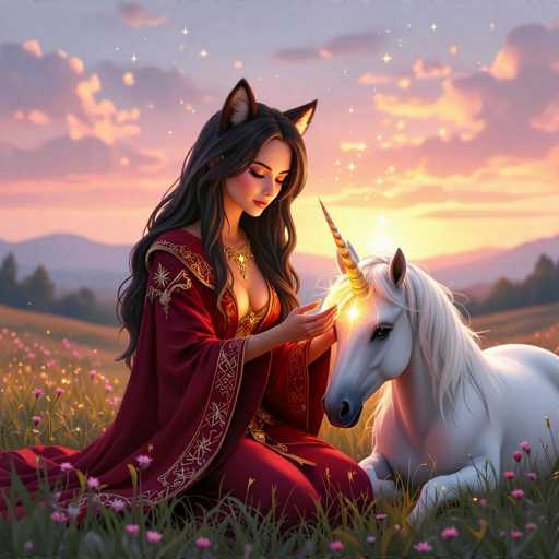 A beautiful digital painting of a woman with long, flowing black hair and cat ears, wearing a rich red robe adorned with golden embroidery. She is sitting in a field of pink flowers, gently petting a majestic white unicorn with a sparkling golden horn. The scene is bathed in the warm glow of a sunset, with soft pink and orange hues in the sky. The woman is looking down at the unicorn with a serene expression, and golden sparkles emanate from the unicorn's horn. The overall atmosphere is magical and peaceful.