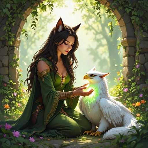 A beautiful digital painting of a woman with long, flowing dark hair and pointed cat ears, dressed in an elegant green gown adorned with golden details. She is kneeling on a mossy ground within a sunlit, overgrown garden, gently holding the head of a majestic white eagle with glowing green eyes. The scene is bathed in soft, warm light filtering through lush greenery and vines, creating a magical and serene atmosphere. The woman's expression is one of gentle affection as she looks down at the eagle, and a few colorful flowers are scattered around them. The overall style is detailed and fantastical, evoking a sense of harmony between nature and magic.