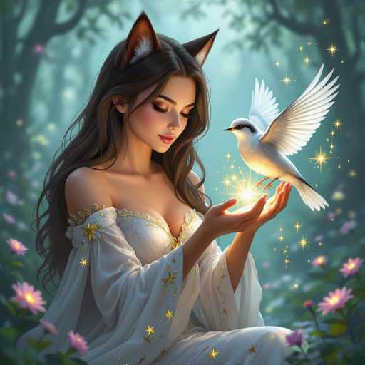 A beautiful, ethereal woman with long, flowing brown hair and delicate fox ears is seated in a magical forest. She's wearing a white, off-the-shoulder gown adorned with golden star details and is gently holding a small, white bird with outstretched wings in her hands. The bird is emitting a soft glow of golden light and sparkles, creating a magical atmosphere. The background features a softly blurred forest with lush greenery and glowing purple flowers, bathed in a soft, dreamy light. The woman's expression is serene and gentle as she looks down at the bird.