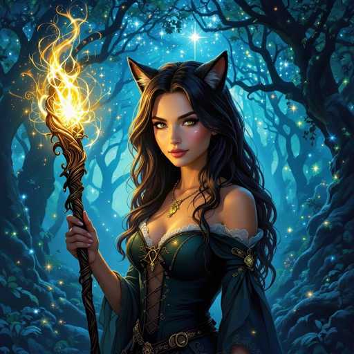 A captivating digital painting of a beautiful woman with striking cat-like ears, holding a glowing magic staff in a mystical forest setting. The woman has long, flowing black hair and piercing green eyes, adorned with delicate jewelry. She wears a dark emerald green dress with intricate gold detailing and lace accents. The background is a dreamy, enchanted forest with glowing blue light filtering through the trees, creating a magical and ethereal atmosphere. The overall style is fantasy-inspired, with a focus on intricate details and soft lighting to enhance the mystical ambiance.