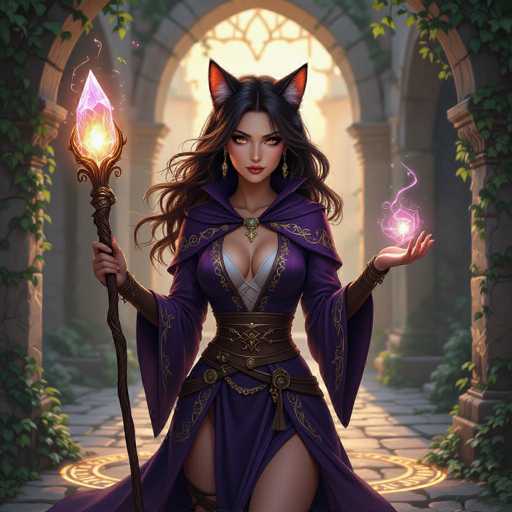 A beautiful, detailed digital painting of a fantasy sorceress with cat ears and long dark hair, holding a glowing crystal staff in her left hand and a swirling magical orb in her right. She is wearing a purple, ornate robe with gold accents and intricate details, adorned with a jeweled necklace. The sorceress has a confident, serene expression and is standing in an archway with lush greenery on either side. The background features a soft, warm light and a mystical atmosphere. The overall style is reminiscent of fantasy art, with a focus on detail and vibrant colors.