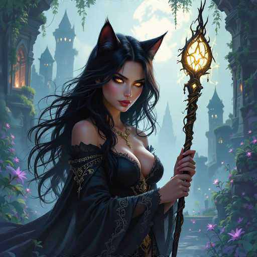 A captivating digital painting of a beautiful, dark-haired woman with cat ears and glowing red eyes, holding a mystical staff. She is dressed in an elegant black gown with intricate golden details and a gold necklace. Her long, flowing hair cascades around her shoulders, and she gazes intently towards the viewer with a slightly enigmatic expression. The background features a fantastical, dreamlike landscape of gothic architecture and lush purple flora, bathed in soft, ethereal light. The overall style is reminiscent of a fantasy illustration, with a focus on rich textures and dramatic lighting.