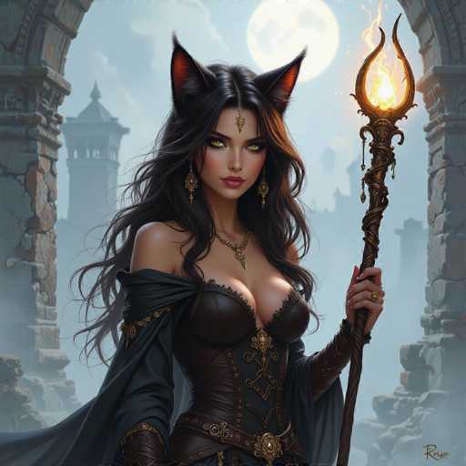 A captivating digital painting of a beautiful, anthropomorphic cat-woman mage. She has long, flowing black hair with striking emerald green eyes and pointed black ears adorned with golden accents. She wears a dark, intricately detailed leather-like bodice with ornate gold embellishments and long, flowing black sleeves. A delicate golden necklace with a crescent moon pendant rests on her chest. Her expression is serene yet intense, and she holds a glowing, ornate staff with a fiery orb at the top. The background features a hazy, ethereal landscape with ancient stone ruins and a full moon in the sky, creating a mystical and magical atmosphere. The overall style is detailed and painterly, with soft lighting highlighting her features and the glowing staff.