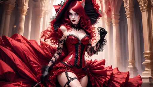 The image depicts a highly detailed, computer-generated or AI-generated illustration of a woman with strikingly vibrant red hair, styled in a large, frilly dress. The dress is predominantly red with black accents, including a black corset-like bodice and black lace detailing on the sleeves. She is adorned with black gloves and a choker necklace, and her makeup features bold red lipstick and dark eyeshadow, enhancing her pale complexion. The woman's hair is long and curly, with bangs framing her face, and she wears a black hat with a red trim and a red flower on the side. Notably, she has cat ears protruding from the top of her hat, adding a whimsical touch to her appearance. She stands in a grand, ornate building with white marble columns and arches, reminiscent of a cathedral or church. The setting is well-lit, highlighting the intricate details of her attire and the majestic architecture behind her.