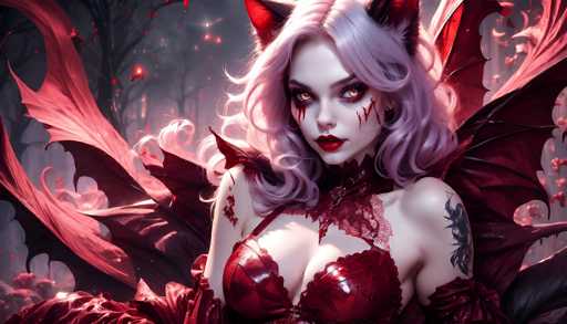 A captivating digital painting depicts a dark, alluring vampire-like figure. The central subject is a woman with pale skin and vibrant purple hair, adorned with large, dark red bat-like wings. Her eyes are intense, and she wears a deep red, ornate garment with lace details. The background is a blurred, dark forest scene with hints of red and purple, suggesting a mystical or gothic setting. The overall art style is highly detailed and painterly, with soft lighting emphasizing the figure's dramatic features.