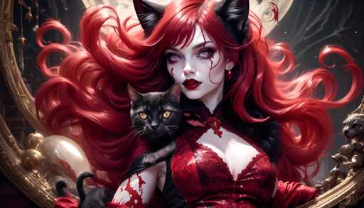 A captivating digital painting depicts a strikingly beautiful, dark-haired woman with intense purple eyes and crimson lipstick. She's adorned in a deep red, ornate dress with black fur accents, cradling a small, black cat with piercing yellow eyes. The woman's long, flowing red hair cascades around her, framing a partially visible antique-style mirror. The overall art style is highly detailed and fantastical, with a focus on dramatic lighting and intricate textures, evoking a gothic or mystical atmosphere.