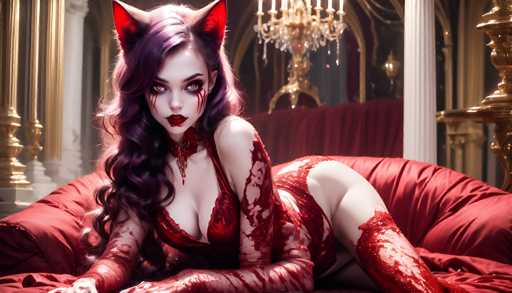 The image depicts a highly detailed, computer-generated scene of a young woman with long, wavy hair that transitions from dark purple to light pink. She is dressed in a provocative, red lace bodysuit that covers her from the chest to the upper thighs, leaving her arms and legs exposed. Her eyes are a striking red, and she has dark red lipstick. Blood-like streaks run from her eyes down her cheeks and across her chest, arms, and legs, giving her a menacing appearance. She also wears red cat ears on her head. The woman is seated on a luxurious, red velvet chaise lounge, which is part of an opulent setting. Behind her, a gold chandelier hangs from the ceiling, and the background features white pillars and a red velvet curtain. The overall scene is rich in red and gold tones, enhancing the dramatic and eerie atmosphere.