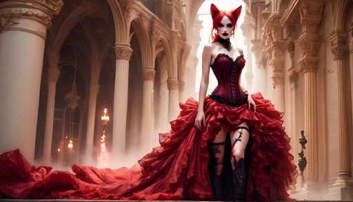 The image depicts a strikingly realistic, computer-generated scene of a woman standing in the grand, ornate interior of a cathedral-like building. The architecture features tall, white columns and arches, with a large window in the background that allows light to filter through, casting a dramatic glow on the scene. The woman, who appears to be a model, is dressed in an elaborate, gothic-style red gown. The dress has a corset-like bodice with black lace detailing, and a voluminous, ruffled skirt that extends into a long train on the floor. She wears thigh-high black stockings, and her legs are adorned with what looks like blood or a red substance. Her hair is a vivid red, styled in a ponytail, and she sports large, fox-like red ears. Her makeup is dark and dramatic, with black lipstick and heavy eye makeup, enhancing her gothic appearance. The overall scene is both haunting and beautiful, with the woman's attire and the cathedral's architecture creating a visually captivating contrast.
