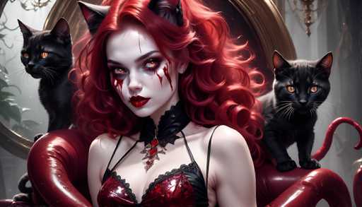 This digital artwork depicts a striking gothic scene featuring a woman with vivid red hair and cat ears, giving her a feline appearance. She has pale skin, accentuated by dark red lipstick and dramatic makeup, including black eyeshadow and red streaks resembling blood running down her cheeks. Her piercing red eyes add to her intense gaze as she looks directly at the viewer. She is adorned in a black and red corset with thin straps, complemented by a black choker necklace that has a red jewel at its center. Behind her, two black cats are positioned: one on her left shoulder and the other on her right. The background includes a large, ornate mirror with a gold frame, reflecting a chandelier and a plant. The overall composition is rich in detail, with the woman's red hair and the cats' red tails creating a cohesive color theme throughout the image.