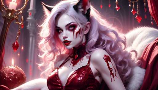 This image depicts a highly detailed, computer-generated character that appears to be from a video game or animated series. The character is a female with long, wavy, pinkish-purple hair that cascades down her back. She has striking red eyes and black cat ears adorned with white fur. Her skin is very pale, and there is blood dripping from her eyes, mouth, and left shoulder. She is dressed in a red, low-cut dress that reveals her cleavage, and she wears a tight red choker around her neck. The background features a grand, castle-like setting with white pillars and a chandelier hanging from the ceiling. To her left, there is a lit candle on a red ball and a golden candelabra with red jewels. The overall scene is dark and dramatic, emphasizing the character's eerie and sinister appearance.