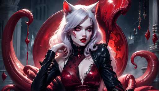 A captivating digital painting depicts a strikingly beautiful, anthropomorphic cat-girl. She's the central focus, positioned in the foreground with a dramatic, slightly low-angle perspective. Her pale skin contrasts with her vibrant red hair and striking crimson eyes, accentuated by dark, sharp makeup. She wears a dark, ornate outfit with red accents and a prominent collar, adorned with what appears to be blood splatters. Her pose is confident yet alluring, one hand resting on her chin while the other subtly frames her face. A large, swirling red form, possibly a magical or monstrous element, envelops her, with tendrils and dripping blood adding to the fantastical atmosphere. The background is a blurred, dark cityscape, hinting at a gothic or otherworldly setting. The art style leans towards digital fantasy, with a focus on dramatic lighting and detailed textures, creating a visually arresting and slightly unsettling image.