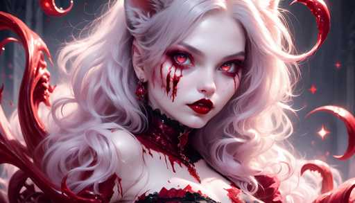 This image portrays a striking, computer-generated female character with a distinctly gothic and fantastical appearance. She has long, wavy white hair cascading down to her chest, with a hint of pink in her locks. Her eyes are a mesmerizing red, accentuated by dark red eyeshadow, and her lips are painted a deep red. Blood-like streaks run down her cheeks, adding to her eerie allure. She wears a black choker adorned with red jewels, and her dress, which is partially visible, is also black with red accents. Her ears are pointed, resembling those of a cat or fox, and are covered in white fur. Surrounding her are red, liquid-like elements that resemble blood or lava, swirling and curling around her. The background is a dark gray, featuring red stars and crescent moon shapes, enhancing the mystical and ominous atmosphere. The overall composition suggests she might be a character from a video game or a fantasy setting.
