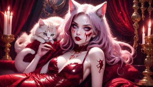 The image depicts a highly detailed, computer-generated scene of a woman with striking pink hair and cat ears, reclining on a red velvet chaise lounge. She is adorned in a low-cut, red leather dress that reveals her cleavage and features a high collar. Her face is accentuated with heavy makeup, including red lipstick, and she has blood smeared on her cheeks, chin, and forehead. A notable tattoo or blood splatter is visible on her left arm. The woman's eyes are a captivating blue, and she wears a gold necklace. 

A white cat with brown stripes is perched on her right shoulder, its paws resting on her shoulder and chest. The background is richly decorated with red velvet curtains, a gold-framed mirror, and two ornate gold candlesticks, each holding three lit candles. The overall ambiance is dark and gothic, with the woman's pale skin contrasting sharply against the deep reds and golds surrounding her.
