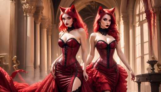 Two strikingly beautiful women with fiery red hair and cat ears, dressed in elaborate, dark red Victorian-style gowns with lace details, stand side-by-side. They are positioned in a dimly lit, ornate setting with classical columns and a hazy background, creating a dramatic, gothic aesthetic. The overall style is highly detailed and fantastical, reminiscent of a digital painting with a focus on intricate textures and lighting.