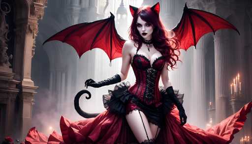 The image depicts a striking, computer-generated female vampire with long, wavy, dark red hair. She is adorned in a gothic-style outfit featuring a red corset with black lace and gold lacing, complemented by a short black skirt. Her ensemble includes long black gloves that extend to her elbows and a choker necklace with a pendant. She also has black cat ears and a black tail, enhancing her feline vampire aesthetic. Her makeup is dramatic, with dark red lipstick and heavy eye makeup, and she has a pale complexion. She stands in a grand, ornate building with marble columns, archways, and candelabras, with sunlight streaming through the windows. The background is slightly blurred, emphasizing her as the focal point of the image.
