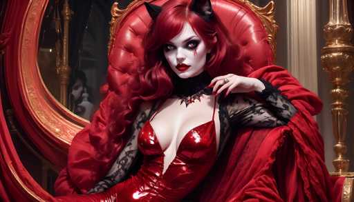 The image depicts a woman dressed as the iconic character Cruella de Vil from Disney's 101 Dalmatians. She is seated in a luxurious red velvet chair with a gold frame, her long, curly red hair cascading down. Her face is painted stark white, accentuated with black eyeliner and red lipstick, and she has a distinctive red streak running from her left eye down her cheek. She wears black cat ears and a striking red dress with sheer black sleeves, complemented by a black choker and a red and black necklace. Her nails are painted red, and she wears a ring on her left hand. The background features a gold curtain and a large, ornate mirror with a gold frame, reflecting a shadowy figure with a white mask and black hair, adding to the dramatic and gothic atmosphere of the scene.