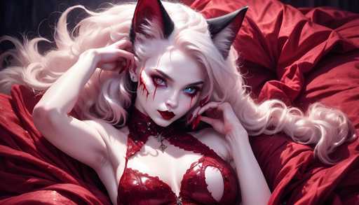 This image portrays a striking, computer-generated female character with an ethereal and otherworldly appearance. She has long, flowing blonde hair that cascades down to her waist, framing her face. Her eyes are a mesmerizing blend of blue and red, accentuated by dramatic black eyeliner that extends from her eyes down to her cheeks, resembling blood trickling down her face. Her lips are painted a deep, dark red, adding to her enigmatic allure.

Perched atop her head are black cat ears, enhancing her feline-inspired look. She is dressed in a red corset that reveals her shoulders and chest, adorned with intricate silver embellishments. A matching red collar with a silver star-shaped pendant complements her outfit. Her nails are painted a bold red, completing her gothic yet alluring ensemble.

The character is posed against a backdrop of a luxurious red velvet bed, adding to the overall dramatic and fantastical atmosphere of the image.