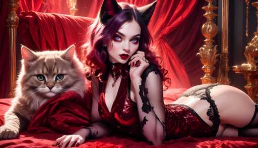 In this AI-generated image, a woman with striking purple hair and cat ears is lying on a bed adorned with red velvet sheets and a matching red velvet headboard. She is dressed in a red leather corset with black lace accents on the shoulders and around her thighs, complemented by black stockings. Her makeup is bold, featuring bright red lipstick and heavy eye makeup, and she wears a choker necklace. The woman's pose is seductive, with her left hand raised to her chin and her right hand resting on the bed. Beside her, a large, fluffy cat with a mix of brown, white, and gray fur and piercing blue eyes lies on its side, gazing directly at the viewer. The background features red curtains, enhancing the luxurious and somewhat surreal atmosphere of the scene.