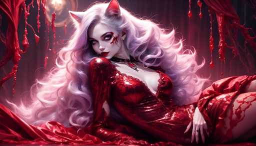 The image depicts a highly detailed, computer-generated illustration of a young woman with long, flowing white hair that cascades down to her waist. She has striking red cat ears protruding from the top of her head and vivid red eyes that add to her otherworldly appearance. Her lips are painted a deep red, complementing the intricate red markings that adorn her face, reminiscent of blood dripping down her right cheek. She is dressed in a form-fitting, red dress that appears to be made of leather or velvet, with long sleeves and a plunging neckline that reveals her cleavage. The dress is splattered with what looks like blood, enhancing the sinister theme of the image. She is seated on a red bed, surrounded by red curtains and fabric that drape around her, also stained with blood. The background features a dark red curtain, and a light fixture can be seen in the top left corner, casting an eerie glow over the scene. The overall composition suggests a gothic, possibly Halloween-themed, aesthetic.