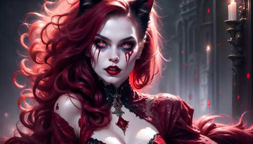 The image depicts a striking, computer-generated female character with long, wavy red hair that cascades down to her waist. Her pale skin contrasts sharply with her vibrant red eyes, which are accentuated by dark makeup that extends from her eyes down to her cheeks. She wears a high-collared black choker adorned with a red jewel, and her attire includes a red dress with black lace detailing. Her lips are painted a deep red, and she has black cat ears perched atop her head. The background features a dark, grayish-blue hue with floating red petals and a candle in a black holder on the right side, adding to the eerie, gothic atmosphere. The character's intense gaze is directed straight at the viewer, creating a captivating and somewhat menacing presence.