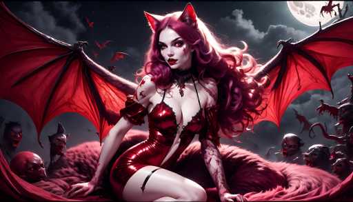 The image depicts a highly detailed, computer-generated scene of a gothic, vampire-like woman with long, flowing purple hair. She is adorned in a tight, red dress that accentuates her cleavage and features a black garter on her right leg. Her face is marked with distinctive makeup, including red lipstick, white face paint, and black streaks extending from her eyes. She wears a choker necklace and has red cat ears protruding from her head. Her arms are covered in blood, and she has large, red wings extending from her back. The woman is seated on a furry, red blanket, with her legs crossed, and her hands resting on the ground. Surrounding her are numerous skulls and small, monstrous creatures with red eyes and sharp teeth. The background is a dark, cloudy night sky illuminated by a full moon, with additional red bats flying overhead. The overall atmosphere is eerie and haunting, filled with supernatural elements and a sense of impending danger.