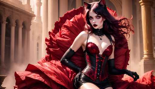 The image depicts a highly detailed, computer-generated or AI-generated artwork of a young woman with long, wavy, dark brown hair that has hints of red. She is seated in a grand, ornate hall reminiscent of ancient Greek architecture, characterized by tall, white columns and arched doorways. The woman is adorned in a striking, elaborate outfit that combines elements of a corset and a bustier, featuring a mix of red and black leather with lace detailing. She wears long black gloves that extend to her elbows and a choker necklace with a pendant. Her ensemble is completed with cat ears, adding a whimsical touch to her appearance. She has dark red lipstick and a distinctive piercing on her lower lip. The background is slightly hazy, enhancing the ethereal quality of the scene. The overall composition suggests a blend of fantasy and classical elegance, with the woman's attire and accessories drawing immediate attention.