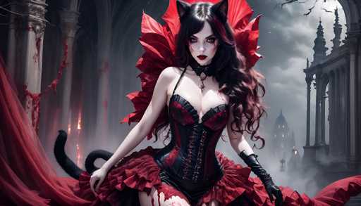 The image depicts a striking, gothic-themed woman who appears to be a blend of a vampire and a catwoman. She has long, wavy black hair with red streaks and is adorned with cat ears. Her pale skin contrasts sharply with her dark makeup, which includes red lipstick and dramatic eye makeup. She wears a black and red corset with a frilly skirt, complemented by long black gloves. A black choker with a pendant hangs around her neck. 

Behind her, a large red feathered fan extends outwards, adding to her dramatic appearance. She holds a long, black cat tail in her right hand. The background features a dark, cloudy sky with a gothic-style building on the right, characterized by tall spires and columns. On the left, there are more columns, some of which are covered in red, blood-like substance. The overall scene is shrouded in fog, enhancing the eerie and mysterious atmosphere.