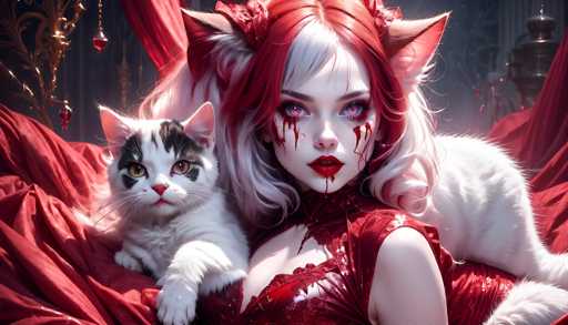 The image depicts a highly detailed, computer-generated scene featuring a woman and a cat. The woman, who has a pale complexion, is adorned with striking red lipstick and has vivid pink eyes. Her hair is predominantly white with red streaks, and she wears a red dress that complements her hair color. Notably, she has cat-like ears and blood trickling from her eyes and mouth, adding a surreal element to her appearance. 

Beside her, a white cat with black markings on its face and ears rests on a red bed. The cat's eyes are a mix of yellow and brown, and it has a pink nose. The background is rich with red hues, including red curtains and a red blanket, creating a cohesive and dramatic atmosphere. Additionally, there are red jewels hanging from the ceiling, enhancing the opulent setting. The overall composition suggests a fantastical or video game-inspired theme, with the woman appearing to be a character from such a world.