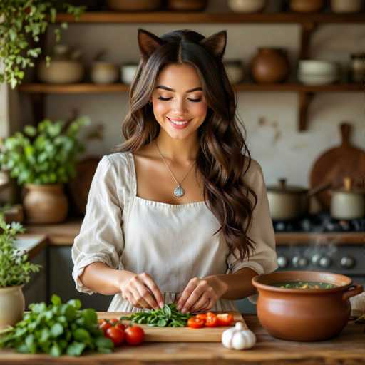 A woman with long, wavy brown hair and a warm smile is happily preparing food in a cozy kitchen. She's wearing a light-colored, square-sleeved top and has adorable cat-ear-shaped earrings. She's focused on finely chopping green vegetables on a wooden cutting board, with bright red tomatoes and a bulb of garlic nearby. A large terracotta pot filled with simmering soup sits on the stove in the background, emitting a gentle steam. The kitchen is rustic and inviting, with wooden shelves displaying various kitchenware and potted plants adding a touch of greenery. The overall lighting is soft and warm, highlighting the woman's gentle expression and the vibrant colors of the ingredients.