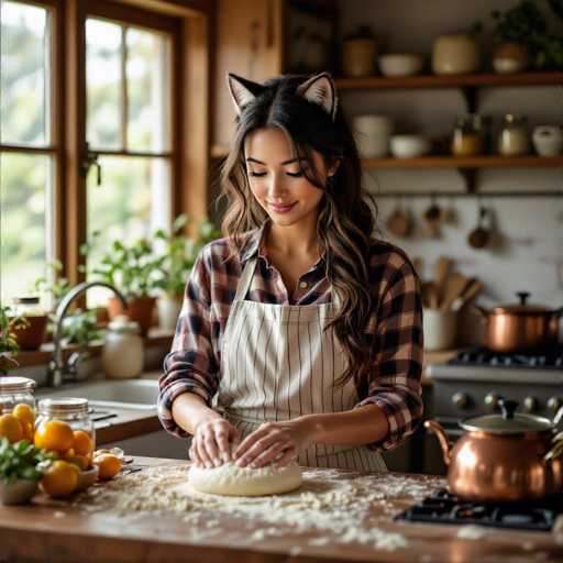 A woman wearing cat-ear-shaped headphones and an apron is kneading dough on a wooden kitchen counter. She has long, wavy brown hair and is smiling as she works. The kitchen is bright and cozy, with a window in the background showing a view of greenery. There are jars of oranges on the counter, and various kitchen utensils are visible in the background. The overall mood is warm and inviting, suggesting a pleasant baking session.