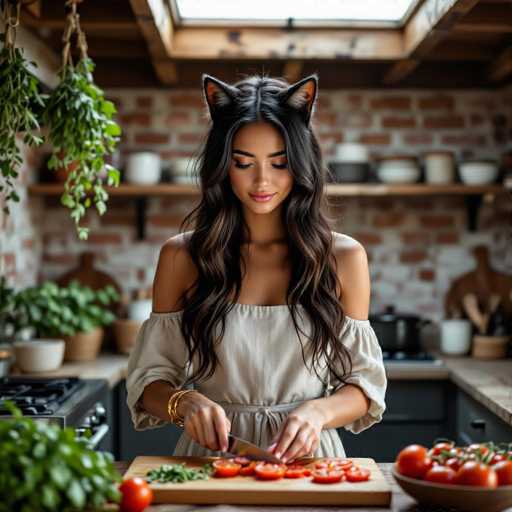 A woman with long, wavy dark hair and a light-colored off-the-shoulder dress is carefully slicing tomatoes on a wooden cutting board in a cozy kitchen. She's wearing cat-ear shaped headphones and has gold bracelets on her wrists. The kitchen features a rustic brick backsplash, wooden countertops, and various kitchenware items in the background. A potted plant hangs from the ceiling, adding a touch of greenery to the scene. The lighting is soft and warm, creating a relaxed atmosphere.