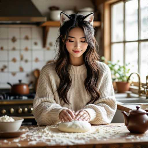 A young woman with long, wavy brown hair and a warm smile is gently kneading dough on a wooden kitchen table. She's wearing a cream-colored, oversized sweater and adorable cat-ear headphones. The kitchen is cozy and rustic, with a white tiled backsplash, copper pots on the stove in the background, and a window letting in soft natural light. The table is covered in flour, and there's a bowl of white flour on the left side. The overall mood is one of calm, creative, and domestic bliss.