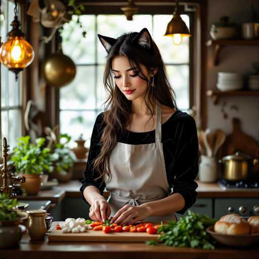 A young woman with long, wavy brown hair and cat ears is meticulously preparing food in a cozy kitchen. She's wearing a black velvet long-sleeved shirt with cat ears and a light gray apron, focused on finely chopping red tomatoes on a wooden cutting board. Her expression is serene and her eyes are gently looking down at the task. The kitchen is filled with warm, soft lighting from vintage-style pendant lamps hanging above, and the scene has a rustic, homey feel. Fresh green herbs are scattered around the cutting board, and various kitchen utensils are visible in the background, suggesting a well-equipped space. The overall atmosphere is one of calm and focused culinary activity.