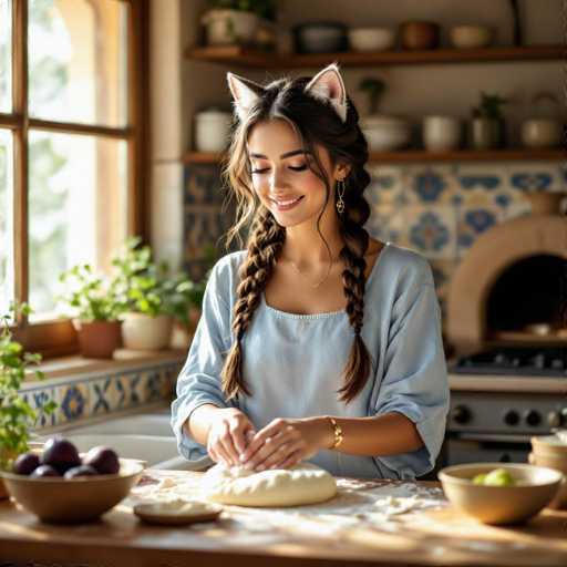 A young woman with long, braided hair wearing cat-ear headphones is happily kneading dough on a wooden kitchen counter. She's wearing a light blue, long-sleeved shirt and gold jewelry. The kitchen is bright and cozy with a large window showing greenery outside, potted plants on the counter, and blue and white patterned tiles on the backsplash. There are bowls of fruit (purple plums and green apples) scattered around, and a partially risen loaf of bread is on the counter. The overall lighting is warm and inviting, highlighting the woman's gentle smile as she works.