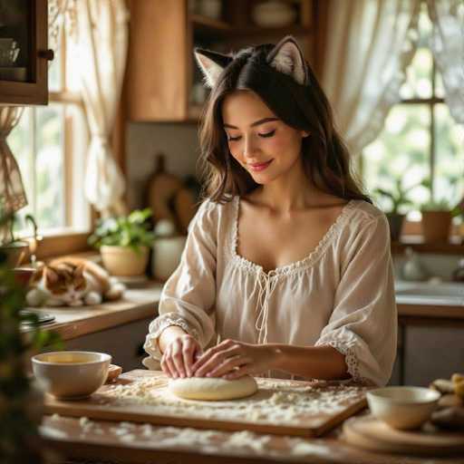 A woman with long, wavy brown hair and a warm smile is gently kneading dough on a wooden cutting board in a cozy kitchen. She's wearing a light, off-white long-sleeved blouse with a delicate ruffled neckline and is adorned with cute cat-ear headphones. The kitchen has a warm, inviting atmosphere with soft natural light streaming in from the window behind her. A ginger cat is curled up on a kitchen counter to the left, looking content. The scene is bathed in a soft, slightly blurred bokeh effect, emphasizing the woman's focused expression as she works. The overall mood is one of calm, domestic bliss and a touch of whimsical charm.