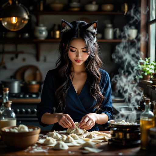 A young woman with long, wavy dark hair and a warm smile is meticulously crafting dumplings on a wooden kitchen table. She's wearing a dark blue, wrap-around dress and has adorable cat-ear headphones perched on her hair. The kitchen is dimly lit, with a vintage-style pendant lamp casting a warm glow on the scene. 

The woman is focused, her hands gently shaping the dumpling dough into perfect little pockets. A bowl of uncooked dumplings sits in front of her, and a steaming pot filled with cooked dumplings is visible to her right. The background features shelves stocked with various kitchenware, including jars and bowls, adding a cozy and inviting atmosphere. A small potted plant sits on the windowsill to her right, bringing a touch of nature into the scene. The overall mood is one of peaceful concentration and culinary artistry, highlighting a moment of quiet domesticity.