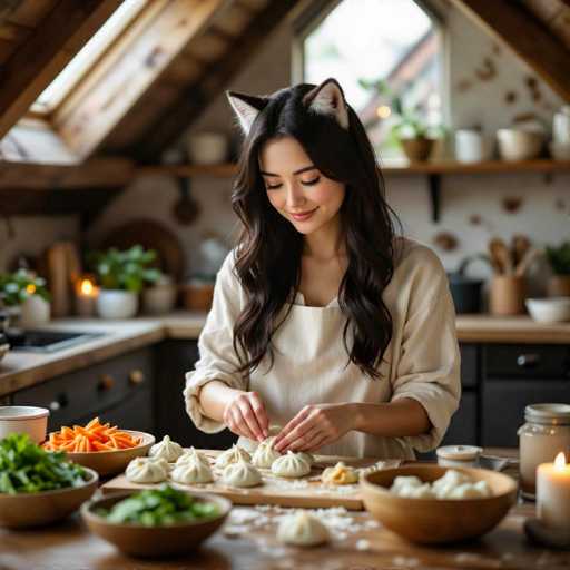 A young woman with long, dark hair and a warm smile is meticulously preparing dumplings in a cozy kitchen. She's wearing adorable cat-ear-shaped headphones and is focused on carefully filling the dumplings with a mixture of ingredients. The kitchen has a rustic, warm aesthetic with wooden countertops and shelves, soft lighting, and various fresh ingredients like vegetables. The scene is bathed in a soft, natural light streaming in from the window above, creating a peaceful and inviting atmosphere.