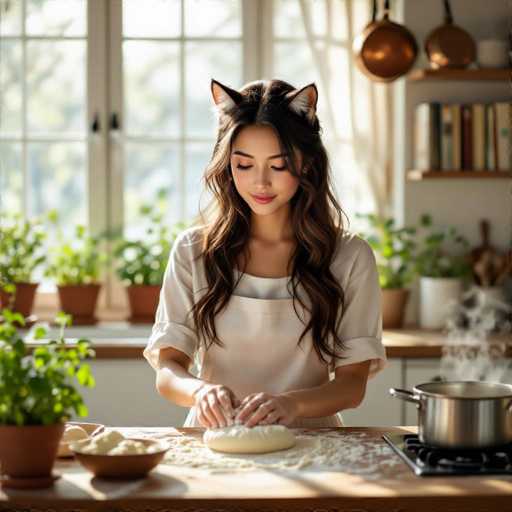 A young woman with long, wavy brown hair and a warm smile is shown in a bright kitchen. She's wearing a white, short-sleeved top and has adorable cat-ear-shaped headphones on. She's kneeling at a wooden kitchen island, gently kneading dough with her hands. 

The kitchen is filled with natural light streaming in from a large window behind her, which offers a view of lush green plants on the windowsill. There are several terracotta pots with vibrant green plants, adding a touch of nature to the scene. 

On the kitchen island, there's a wooden bowl containing more dough and a small bowl with flour. A stainless steel pot is visible on the stovetop, suggesting she might be preparing a delicious meal or baking. The overall atmosphere is cozy and inviting, with the woman's focused expression conveying a sense of calm and enjoyment in her culinary activity.