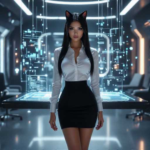 A woman with long black hair and cat ears is standing in a futuristic, minimalist office setting. She's wearing a white button-down shirt and a black pencil skirt, with her hands gently resting on her hips. The background is dominated by a large holographic display showing glowing blue data visualizations and lines of code, creating an impression of a high-tech workspace. The lighting is soft and diffused, highlighting the woman's features and the futuristic environment.