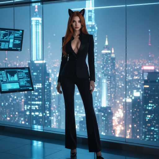 A woman with long, flowing red hair and cat ears is standing in a modern office setting. She's wearing a sleek black pantsuit with a plunging neckline and is looking confidently at the viewer. The background features large windows offering a breathtaking view of a brightly lit cityscape at night, with glowing skyscrapers and city lights creating a vibrant urban atmosphere. The overall lighting is cool-toned, emphasizing the futuristic and sophisticated ambiance of the scene.
